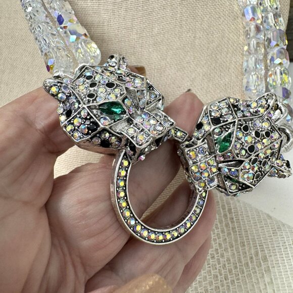 Vintage Rhinestone Panther Clasp Clear Crystal Bead Necklace - Picture 7 of 13